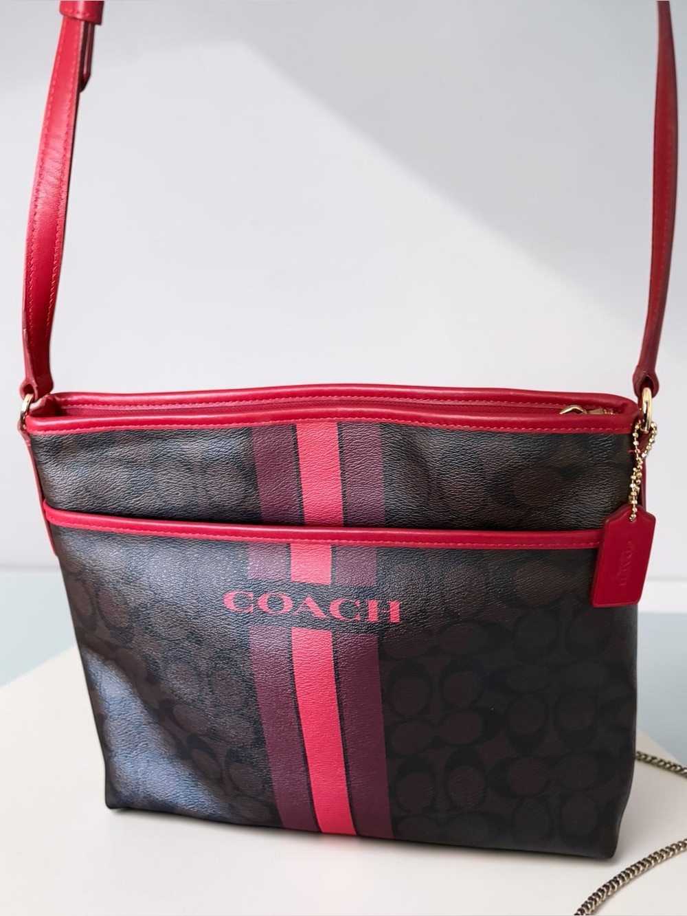 COACH Black with Red Stripe Signature Crossbody